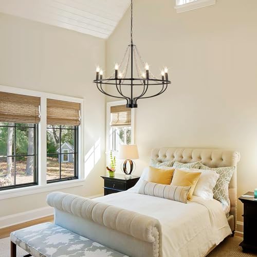 Chandeliers,8-Light Round Wagon Wheel Chandelier with Wood Beaded,Black Farmhouse Pendant Light, Adjustable Height Hanging Light for Kitchen Bedroom Dining Room