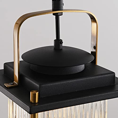 Outdoor Hanging Porch Light Waterproof Black and Gold Outdoor Pendant Lights Outdoor Chandelier with Striped Glass for Porch Entryway and Front Door.