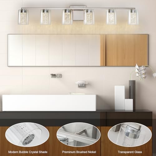 2-Light Brushed Nickel Vanity Light with 3 Color Modes (3000K/4000K/6000K), Eye Protection LED Bathroom Light Fixture, Dimmable Modern Wall Light Over Mirror with Clear Glass Shade