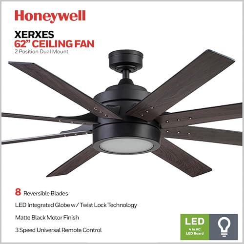 Ceiling Fans Xerxes, 62 Inch Contemporary LED Ceiling Fan with Light and Remote Control, 8 Blades with Dual Finish, Reversible Motor - 51628-01 (Brushed Nickel)