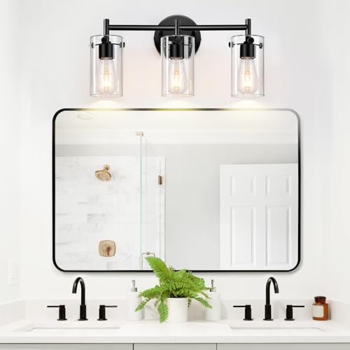 Bathroom Light Fixtures 2023 Upgrade, 3-Light Matte Black Bathroom Vanity Light, Black Bathroom Lights Over Mirror with Clear Glass Shade, Bathroom Wall Sconces for Mirror Bedroom Living Room Hallway