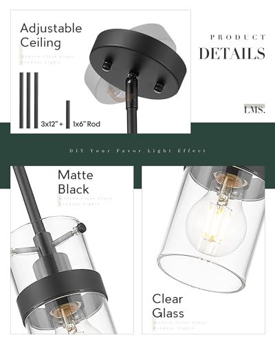 LMS 4-Light Island Lights, Farmhouse Light Fixtures with Hammered Glass Shade, Matte Black Linear Chandelier Pendant Lighting Over Table for Adjustable Height, Kitchen Island, LMS-171BK-4