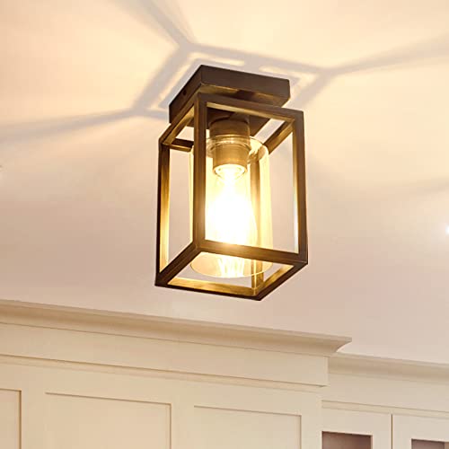 Semi Flush Mount, Bronze Metal Frame Ceiling Light Fixture with Clear Glass Shade, Farmhouse Light Fixture for Kitchen Island Entryway Porch Foyer Dining Room