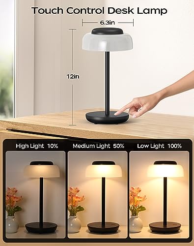 Battery Operated LED Table Lamp, 5000mAh Waterproof Cordless Desk Lamp with 3 Level Brightness Touch Control, Mini Rechargeable Night Light for Living Room, Bedroom, Outdoor bar (Black)