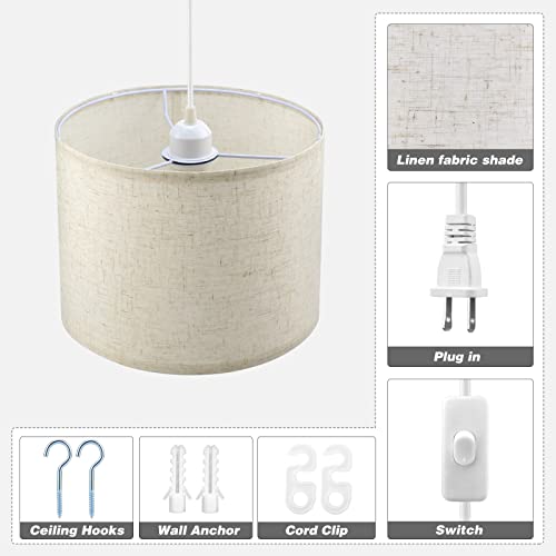 Plug in Pendant Light,15 FT Hanging Lamp with Plug in Cord, On/Off Switch, Pendant Lighting with Fabric Shade, Hanging Light Fixture for Living Room, Bedroom, Dining Room, Kitchen (Beige)