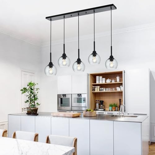 3 Light Island Lights for Kitchen with Striped Swirl Globe Glass, Black Linear Hanging Pendant Light Fixture Farmhouse Chandelier for Dining Room Bar Living Room