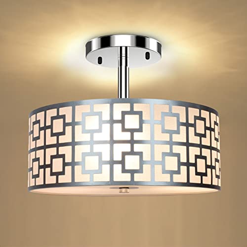 DLLT Flush Mount Ceiling Light: Modern Semi Flush Chandelier Lamp Brushed Chrome Finish - Drum Light Fixture for Bedroom Hallway Kitchen - 3-Light Silver Ceiling Fixture with Double Shade