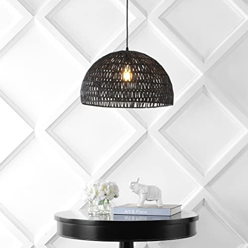 20" 1-Light Bohemian Modern Woven Rattan/Iron LED Pendant Farmhouse Coastal Adjustable Dining Room Living Room Kitchen Island Foyer Bedroom Hallway, Black