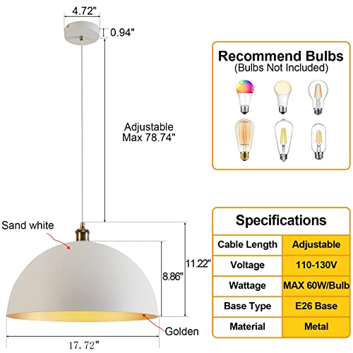 Modern Pendant Light,Farmhouse pendant light 17.72 "Farmhouse pendant light Industrial Large Dome Chandelier White and gold finish lighting fixture line length 78.74" Kitchen island, bedroom