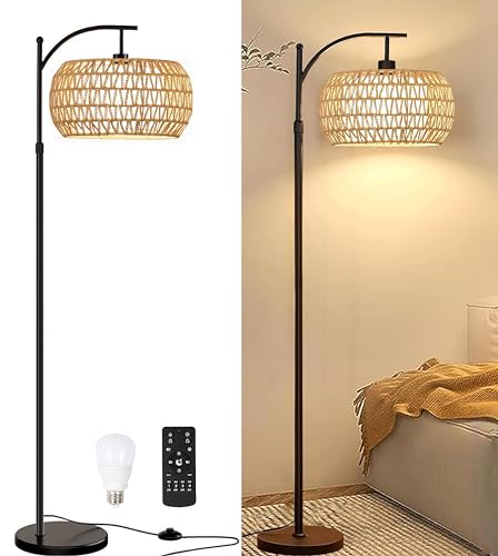 Floor Lamp for Living Room,Bedroom,Boho Rattan Floor Lights,Tree 3 Bulb Standing Lamp Farmhouse Industrial Black Tall Lamp,Wicker Bamboo Lamp Shade Flower Dimmable Floor Lamps Bohemian Decor