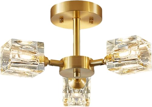 Semi Flush Mount Ceiling Light 3 Lights Crystal Chandeliers Gold Ceiling Light Modern Ceiling Light for Bedroom Kitchen Hallway Bathroom Entryway Dining Room Living Room