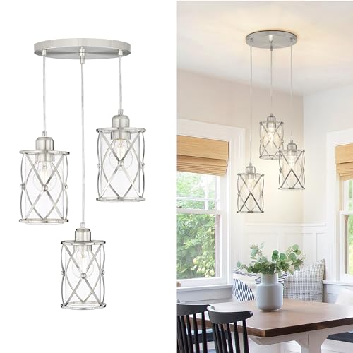 Brushed Gold Pendant Light Fixtures, 3-Light Modern Dining Room Cluster Pendant Light with Milky Glass, Mid Century Cage Hanging Pendant Lighting for Kitchen, Adjustable, CH9176BGW3