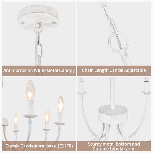 Chandelier, 6-Light Antique White Farmhouse Chandelier for Dining Room Lighting Fixtures Hanging, Candle Hanging Pendant Lights for Kitchen Living Room Bedroom Foyer