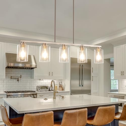 Island Light for Kitchen, Black and Gold Dining Room Light Fixture Over Table, 4-Light Linear Chandelier Pendant Lighting for Dining Table Kitchen Island Living Room