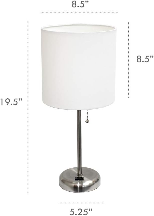 Brushed Steel Stick Table Desk Lamp with Charging Outlet and Drum Fabric Shade, White Shade