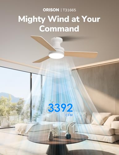 Orison Ceiling Fans with Lights, 42 inch Low Profile Ceiling Fan with RGB Backlight, Flush Mount Ceiling Fan with Remote and App Control, Black Ceiling Fan for Bedroom, 6 Speeds, 3 Reversible Blades