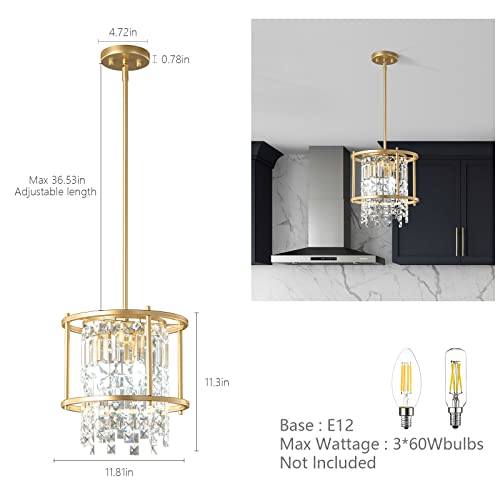 4-Light Dining Room Light Fixture 11.81 inch Square Lndustrial Farmhouse Chandelier Gold Metal Crystal Pendant Light for Kitchen Island Dining Room Living Room Flat and Inclined Ceiling