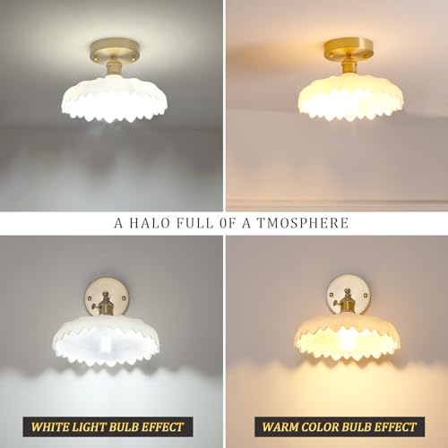 Semi Flush Mount Ceiling Light, Gold Hallway Vintage Lights Fixture Ceiling with Amber Peony Glass, Bulb Included, 4.72" Base Modern Ceiling Light Fixtures for Kitchen Bedroom