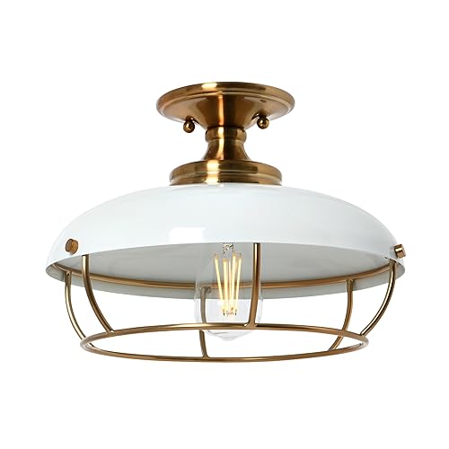 Caged Dome Metal Semi-Flush Mount Ceiling Light, Brushed Brass and Navy Blue