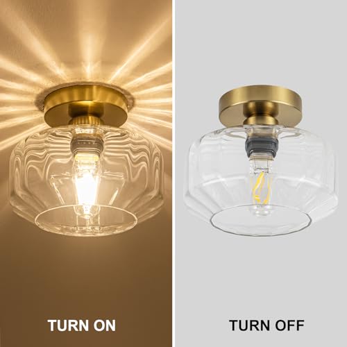 semi Flush Mount Ceiling Light Fixture with Textured Glass Brass Metal Base Includes 1200 lumens LED Bulbs Gold Hallway Light Fixtures Modern Ceiling Light Suitable for entryway Bathroom