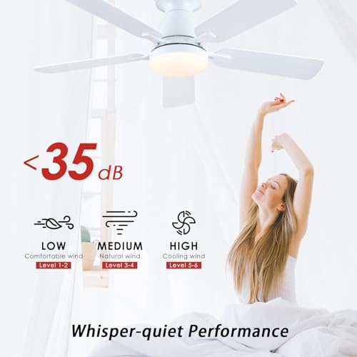 Ceiling Fans with Lights- 46"Low Profile Indoor Ceiling Fan with Light and Remote/APP Control, Flush Mount, LED Dimmable DC Reversible Modern Ceiling Fan for Bedroom（Black）