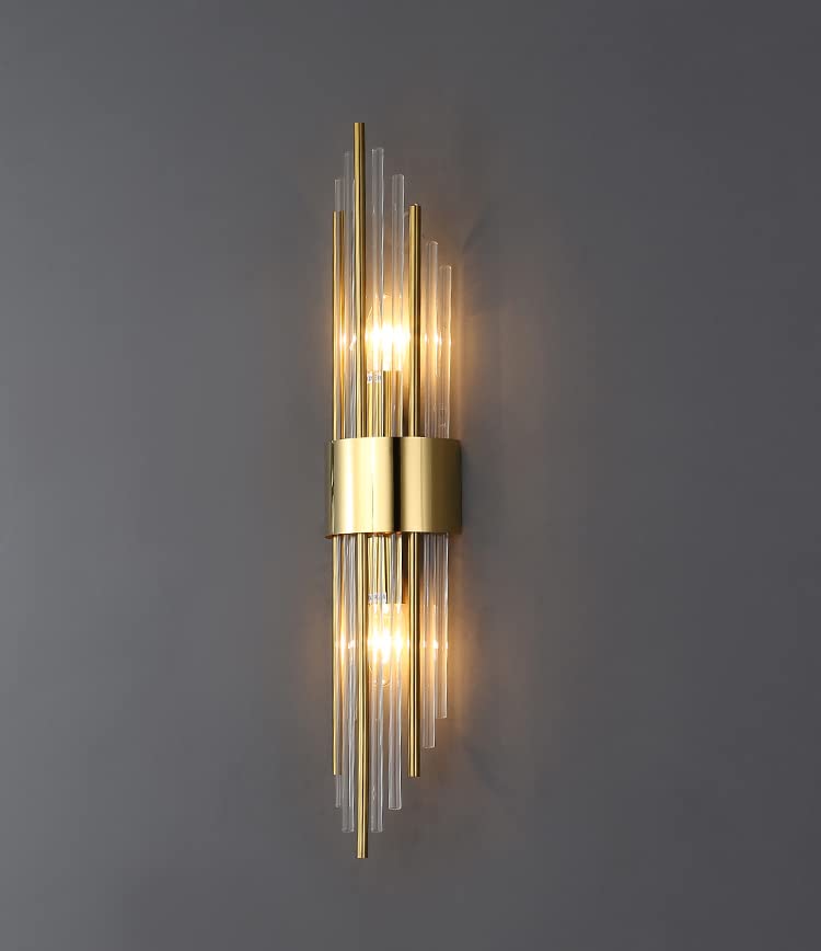 2-Light Modern Brushed Titanium Gold Wall Sconce with Clear Glass Crystal Luxury Wall Light Fixtures for Bedroom Living Room Bathroom Vanity Mirror Light Fixtures Set of 2