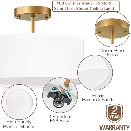 Semi Flush Mount Ceiling Light,13 inch Modern 3-Light Ceiling Light Fixture,Black Semi Flush Mount Light Fixture,Flush Mount Lighting for Bedroom,Dinning Room and Hallway