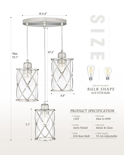 Brushed Gold Pendant Light Fixtures, 3-Light Modern Dining Room Cluster Pendant Light with Milky Glass, Mid Century Cage Hanging Pendant Lighting for Kitchen, Adjustable, CH9176BGW3