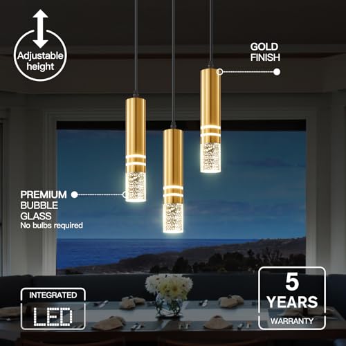 3-Light Hanging Pendant Light Fixtures, Modern Kitchen Island Light Fixture, 36W LED Pendant Lighting Dimmable Hanging Chandelier for Dining Room Bedroom Hallway, Gold Metal Pendant Lamp