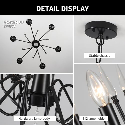 Chandeliers,8-Light Round Wagon Wheel Chandelier with Wood Beaded,Black Farmhouse Pendant Light, Adjustable Height Hanging Light for Kitchen Bedroom Dining Room