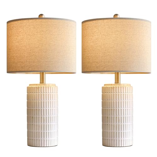 23'' Bedside Table Lamp for Bedroom Nightstand - Ceramic Lamp for Living Room, White Night Stand Light Lamp with Round Linen Shade, Modern Bedroom Lamp Beige