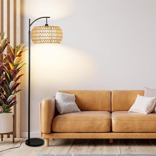 Floor Lamp for Living Room,Bedroom,Boho Rattan Floor Lights,Tree 3 Bulb Standing Lamp Farmhouse Industrial Black Tall Lamp,Wicker Bamboo Lamp Shade Flower Dimmable Floor Lamps Bohemian Decor