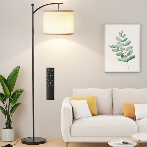 Floor Lamp with Remote Control and Stepless Dimmable Bulb, Colors Temperature & Brightness Adjustable, Modern Floor Lamps for Living Room（Beige Shade & Black Pole）