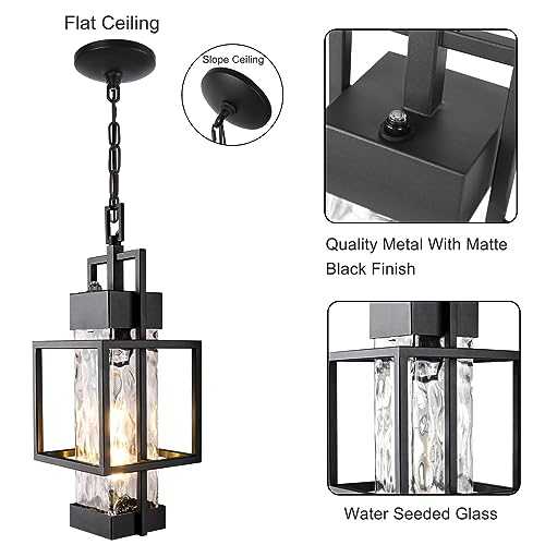 15" Dusk to Dawn Outdoor Pendant Light Exterior Hanging Lantern, Modern Black Metal Outside Chandelier Light Fixture Ceiling Mount with Water Glass for Front Porch Entrance Foyer Entryway