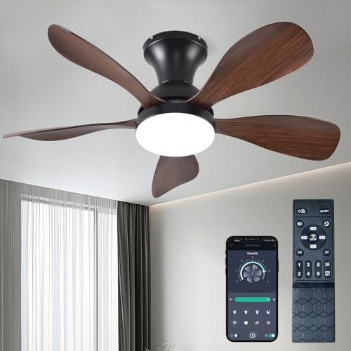 33In Black Low Profile Ceiling Fans with Lights and Remote/APP Control, Modern Flush Mount Ceiling Fan with 5 Reversible Blades for Outdoor Patio,Small Room,Bedroom…