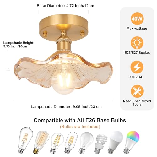 Semi Flush Mount Ceiling Light, Gold Hallway Vintage Lights Fixture Ceiling with Amber Peony Glass, Bulb Included, 4.72" Base Modern Ceiling Light Fixtures for Kitchen Bedroom