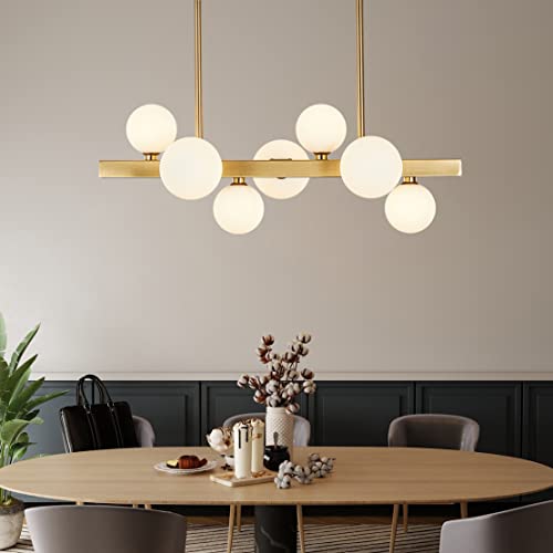 BOKT Modern Gold Chandelier 7-Lights Frosted Glass Globe Pendant Light Kitchen Island Linear Hanging Lighting Fixtures for Living Room Bedroom Dining Room Corridor