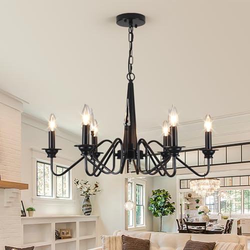 Chandeliers,8-Light Round Wagon Wheel Chandelier with Wood Beaded,Black Farmhouse Pendant Light, Adjustable Height Hanging Light for Kitchen Bedroom Dining Room