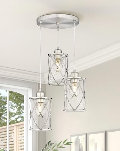 Brushed Gold Pendant Light Fixtures, 3-Light Modern Dining Room Cluster Pendant Light with Milky Glass, Mid Century Cage Hanging Pendant Lighting for Kitchen, Adjustable, CH9176BGW3