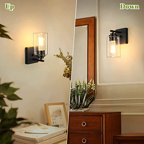 Set of 2 Wall Sconces for Bathroom, Modern Vanity Light Fixtures, Matte Black Wall Mount Lighting Lanterns, Farmhouse Wall Lights with Clear Glass Shade for Bedroom Living Room Mirror Hallway Kitchen