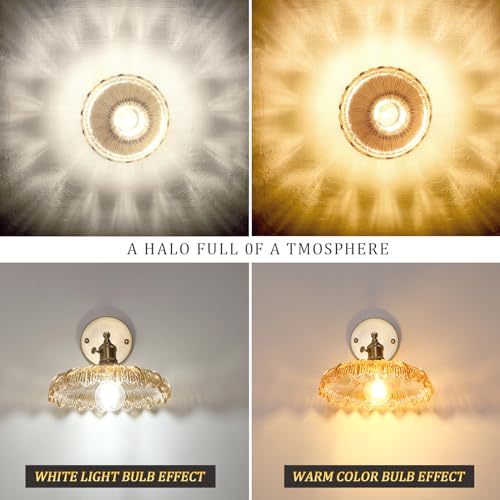 Semi Flush Mount Ceiling Light, Gold Hallway Vintage Lights Fixture Ceiling with Amber Peony Glass, Bulb Included, 4.72" Base Modern Ceiling Light Fixtures for Kitchen Bedroom