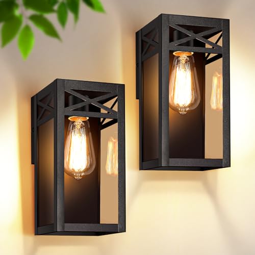 Outdoor Wall Lanterns, Exterior Waterproof Matte Black Wall Light Fixtures, Sconces Wall Lighting with Clear Glass Shade, Anti-Rust E26 Socket Wall Mount Lights for Porch Entryway Patio Garage, 2 Pack