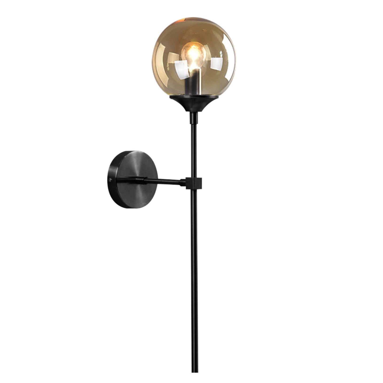 Lighting Modern Smoke Grey Glass Globe Black Matte Slim Wall Sconce Light with Long Arm Vintage Industrial Wall Sconce for Hallway, Stairs, Bathroom Mirror