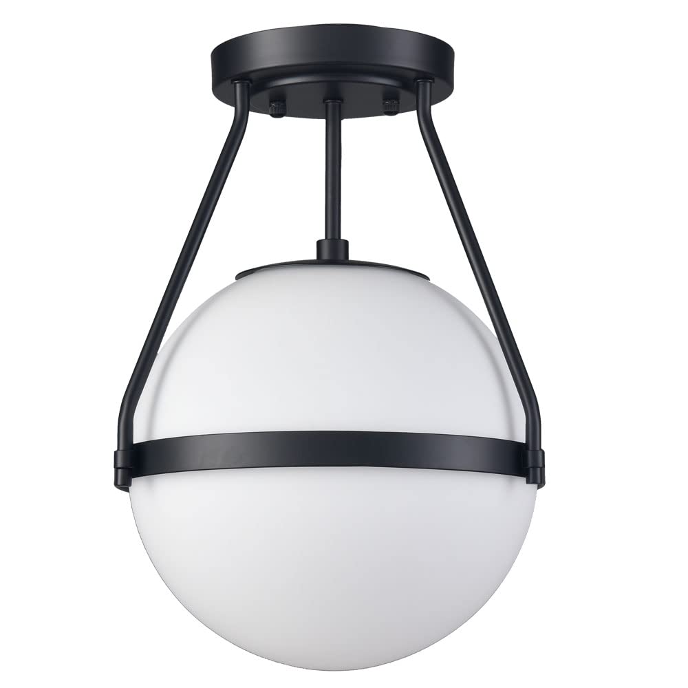 Modern Globe Semi Flush Mount Ceiling Light,Black Ceiling Light Fixture with Opal Glass 7Inch/18CM,Mid Century Kitchen Light Fixtures Hallway Light Fixtures Ceiling for Bedroom Kitchen