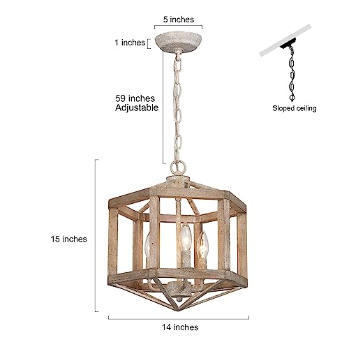 Farmhouse Wood Chandelier, 3 Light Rustic Mid-Century Lantern Wooden Chandeliers Hanging Light Fixture for Dining Room, Living Room, Bedrooms, Living Room, Entryway