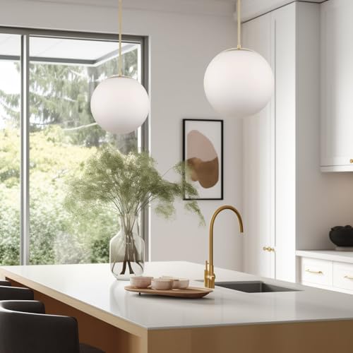 Mid-Century Modern Hanging Orb Pendant Light with Smooth Matte White Frosted Diffuser, Cool Brass Finish