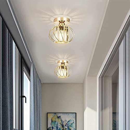 Semi Flush Mount Ceiling Light - Gold Light Fixture Flush Mount Light Metal Cage Close to Ceiling Light fixtures Hallway Light Fixtures Ceiling for Bedroom Living Room Kitchen Bathroom Entryway