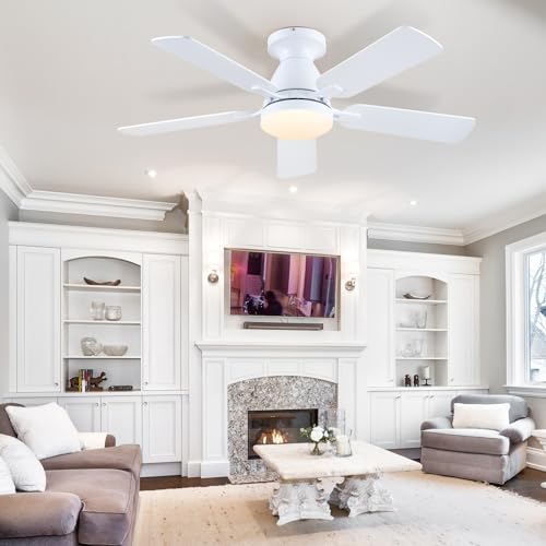 Ceiling Fans with Lights- 46"Low Profile Indoor Ceiling Fan with Light and Remote/APP Control, Flush Mount, LED Dimmable DC Reversible Modern Ceiling Fan for Bedroom（Black）