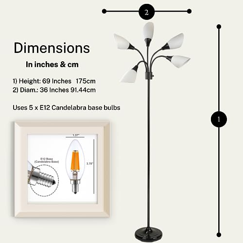 Modern Multi-Head Medusa Floor Lamp - 5 Light Standing Lamp for Bedroom and Living Room with Positionable Acrylic White Shades & 3-Light Mode Switch - Tall Black Floor Lamp for Living Room Decor