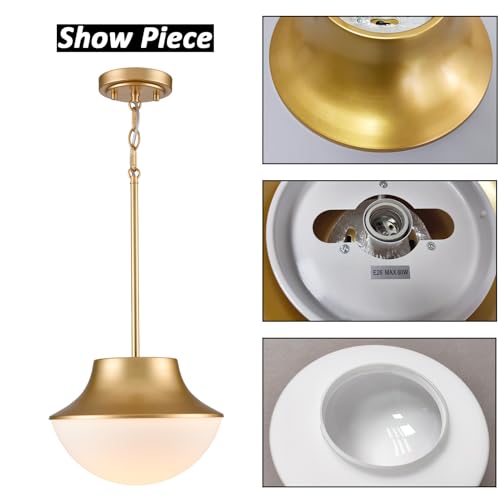 Modern Gold Semi Flush Mount Ceiling Light Fixture Brass Metal Round Bowl Shape Milk Glass Light Fixture Ceiling Mount for Bathroom Bedroom Hallway Entrance Staircase Office Living Room